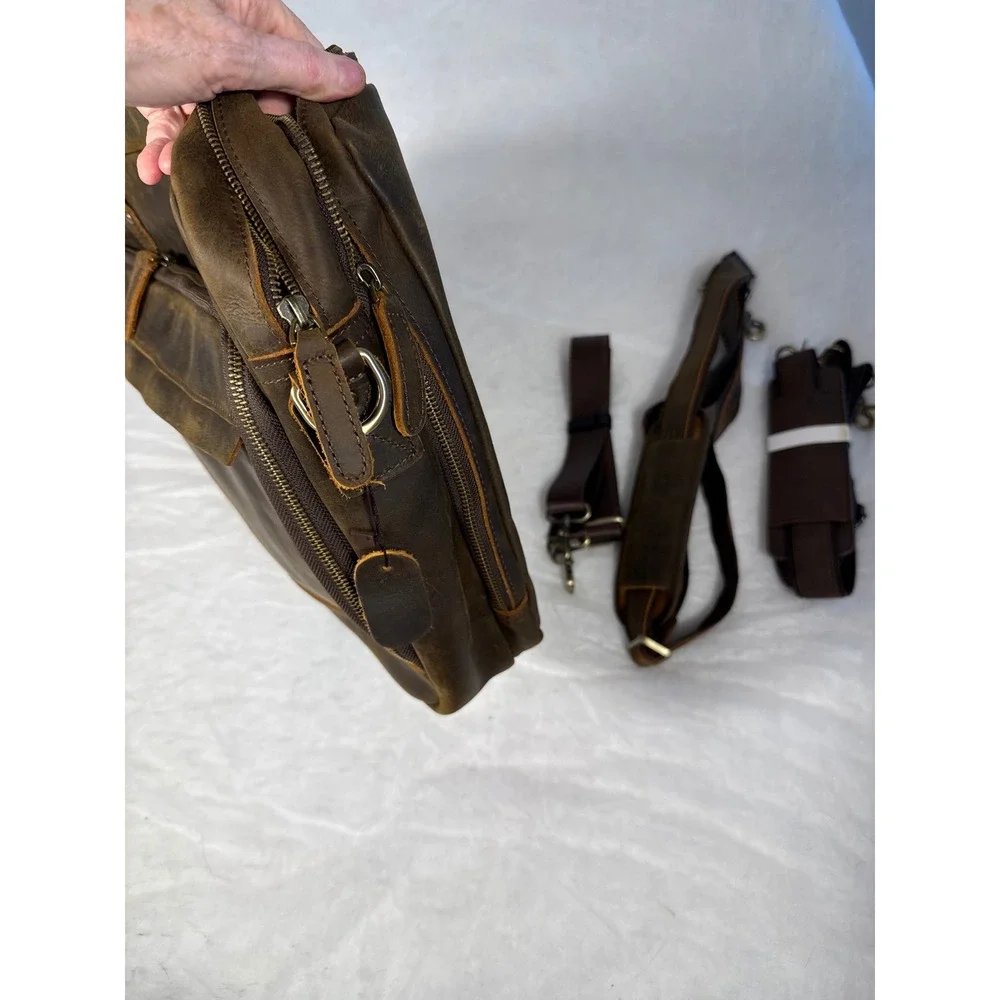 Mens Distressed Leather Briefcase Laptop Messenger Bag Dark Brown Professional